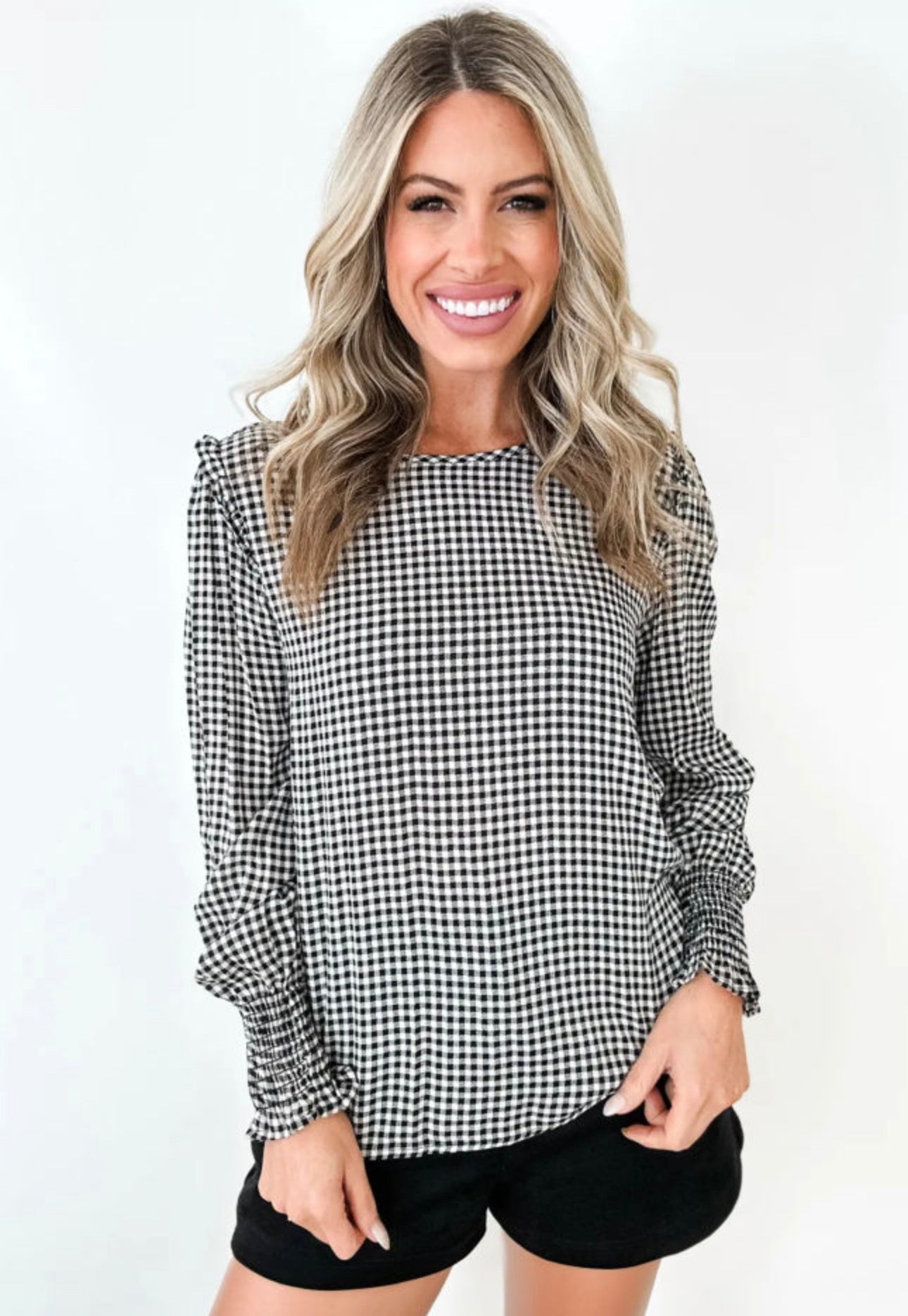 Plaid Shirred Blouse, PREORDER