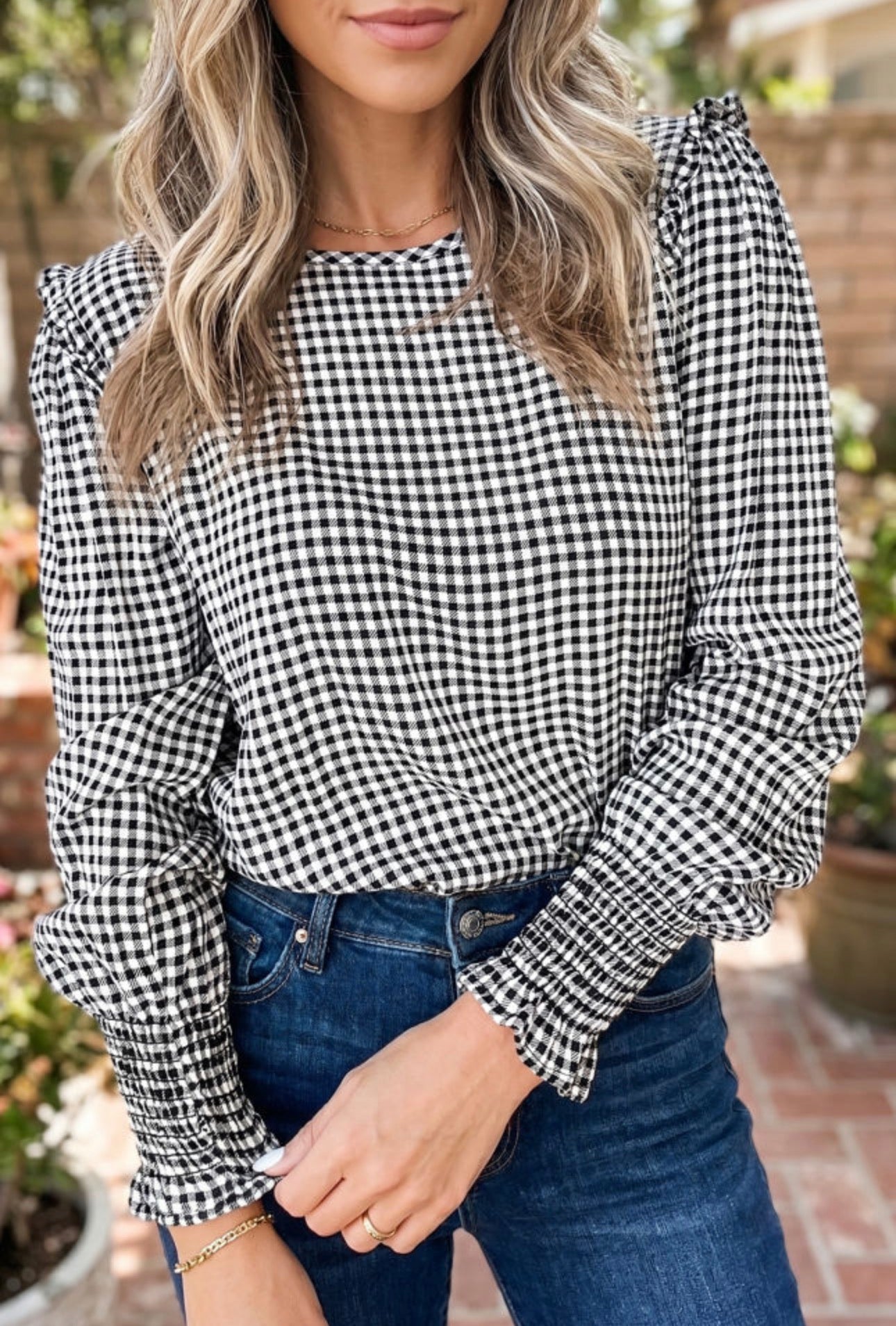 Plaid Shirred Blouse, PREORDER
